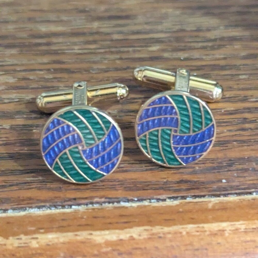 Vintage‎ Christian Dior Enamel Gold-Tone Cufflinks Green & Blue Swirl Design - Picture 10 of 10